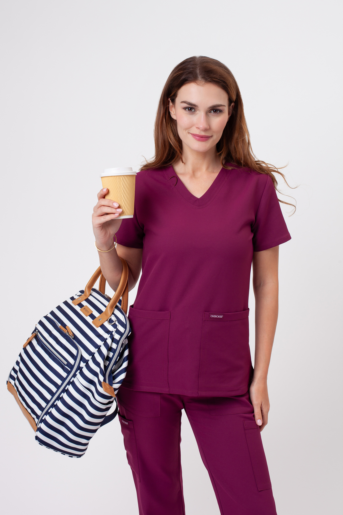Women's Cherokee Ultra V-neck scrubs set wine-3