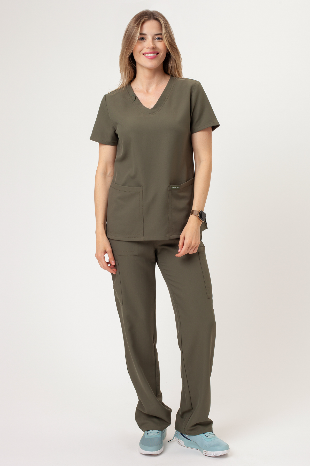 Women's Cherokee Ultra Cargo scrub trousers olive-1
