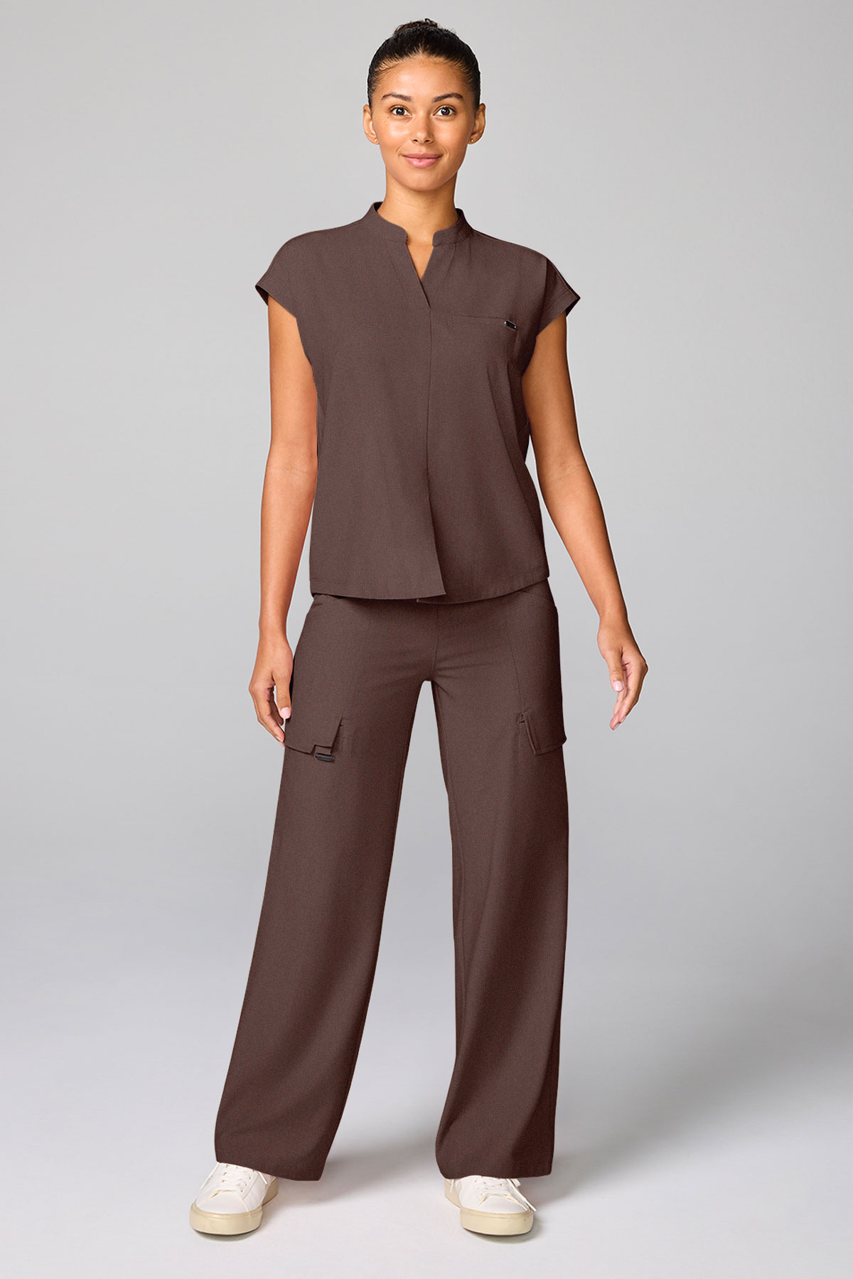Women's Healing Hands Mandarin Collar scrub top brown-6