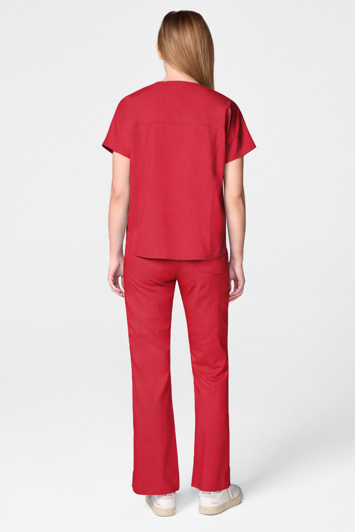 Women's Cherokee Revolution Mandarin Flared scrub set red-1