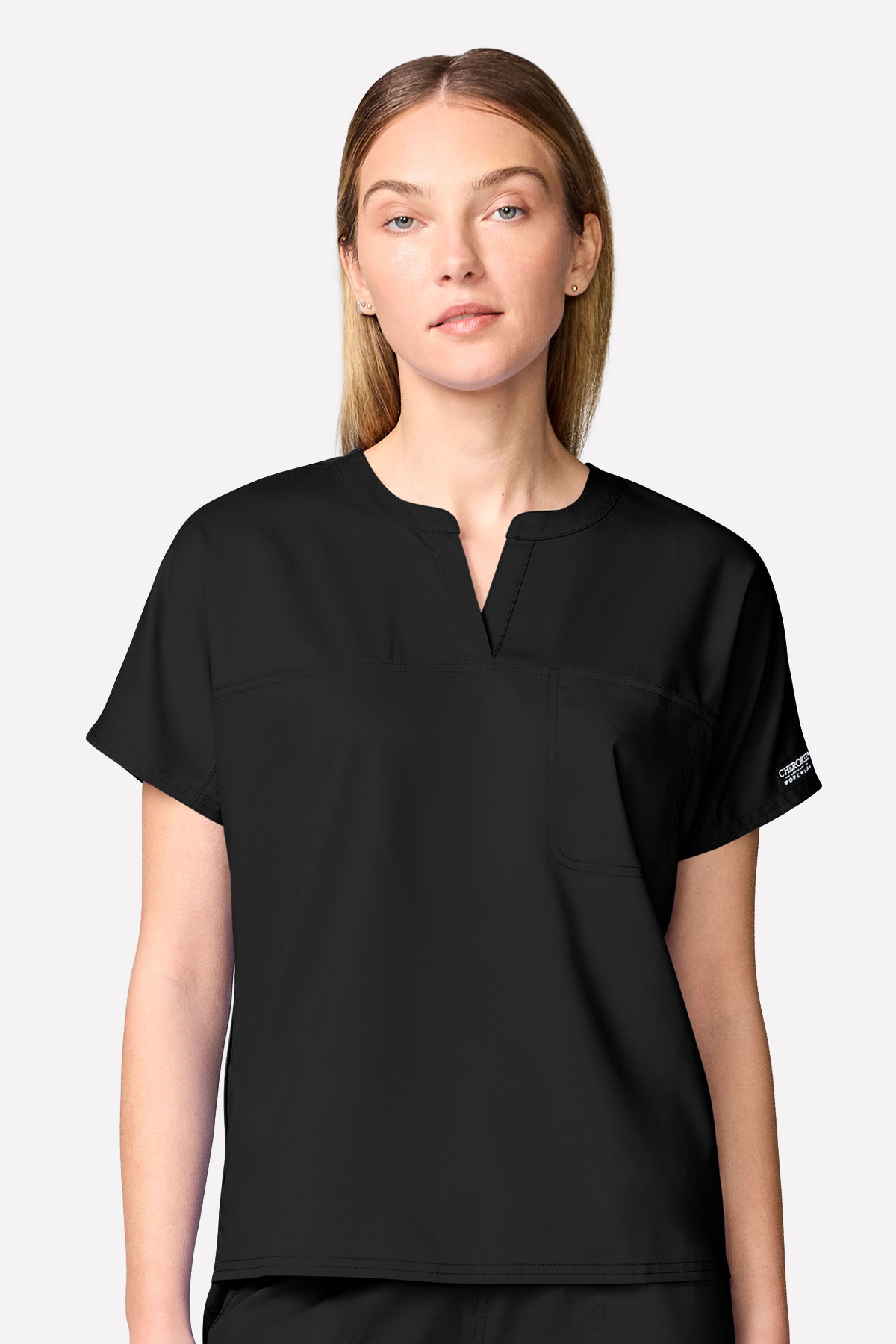 Women's Cherokee Revolution Mandarin Flared scrub set black-3