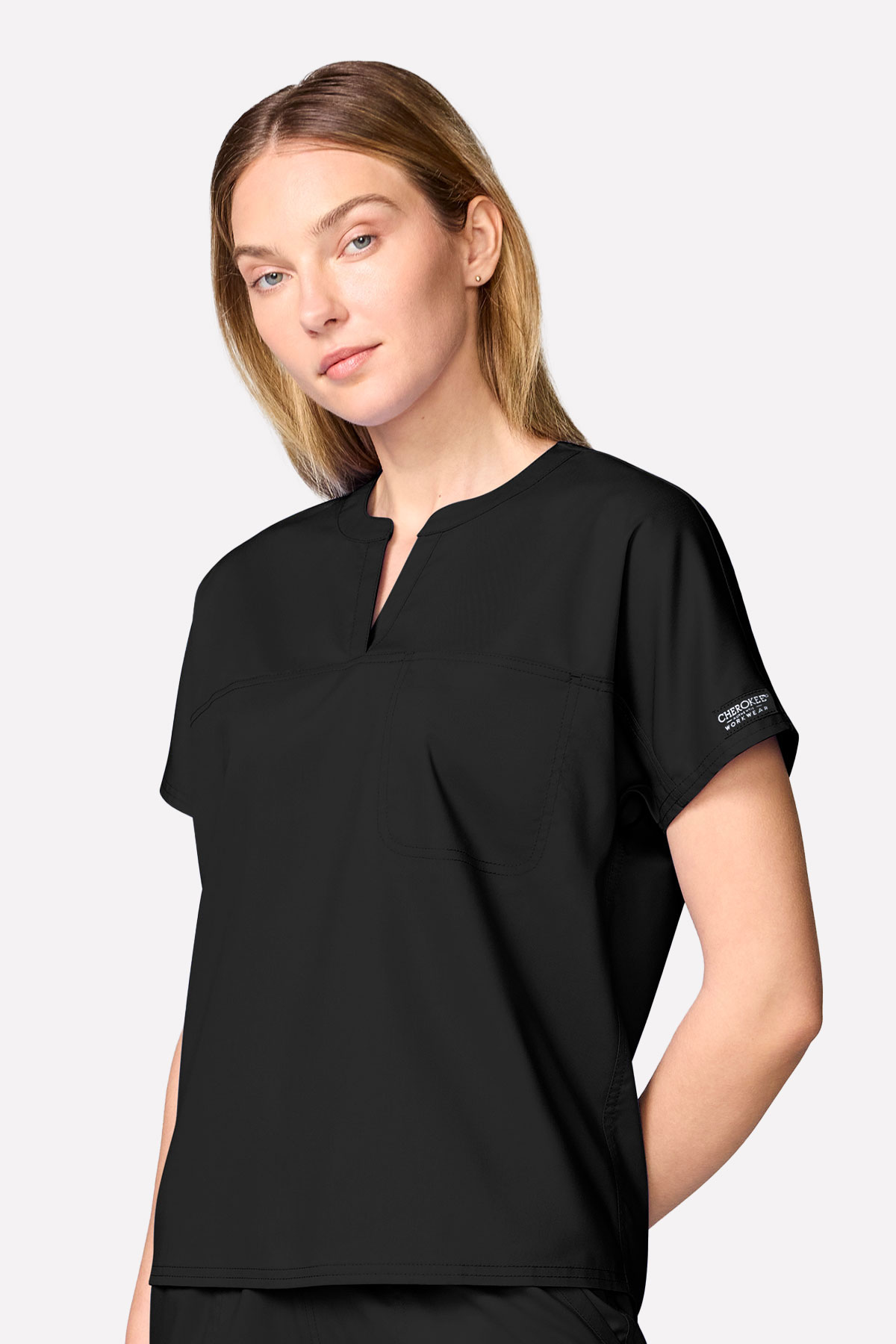 Women's Cherokee Revolution Mandarin Flared scrub set black-4