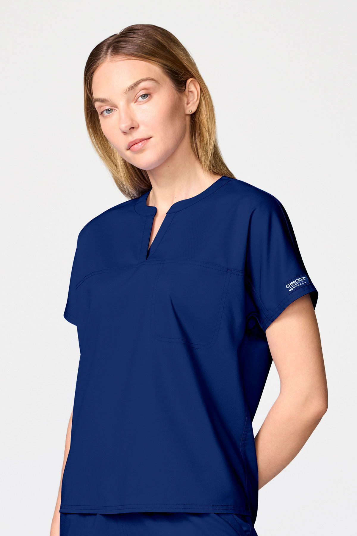 Women's Cherokee Revolution Mandarin Flared scrub set navy-3