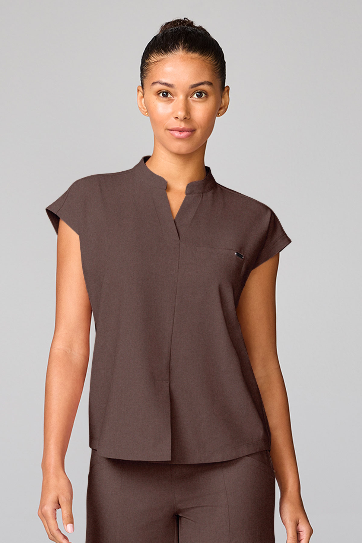 Women's Healing Hands Mandarin Collar scrub top brown-1
