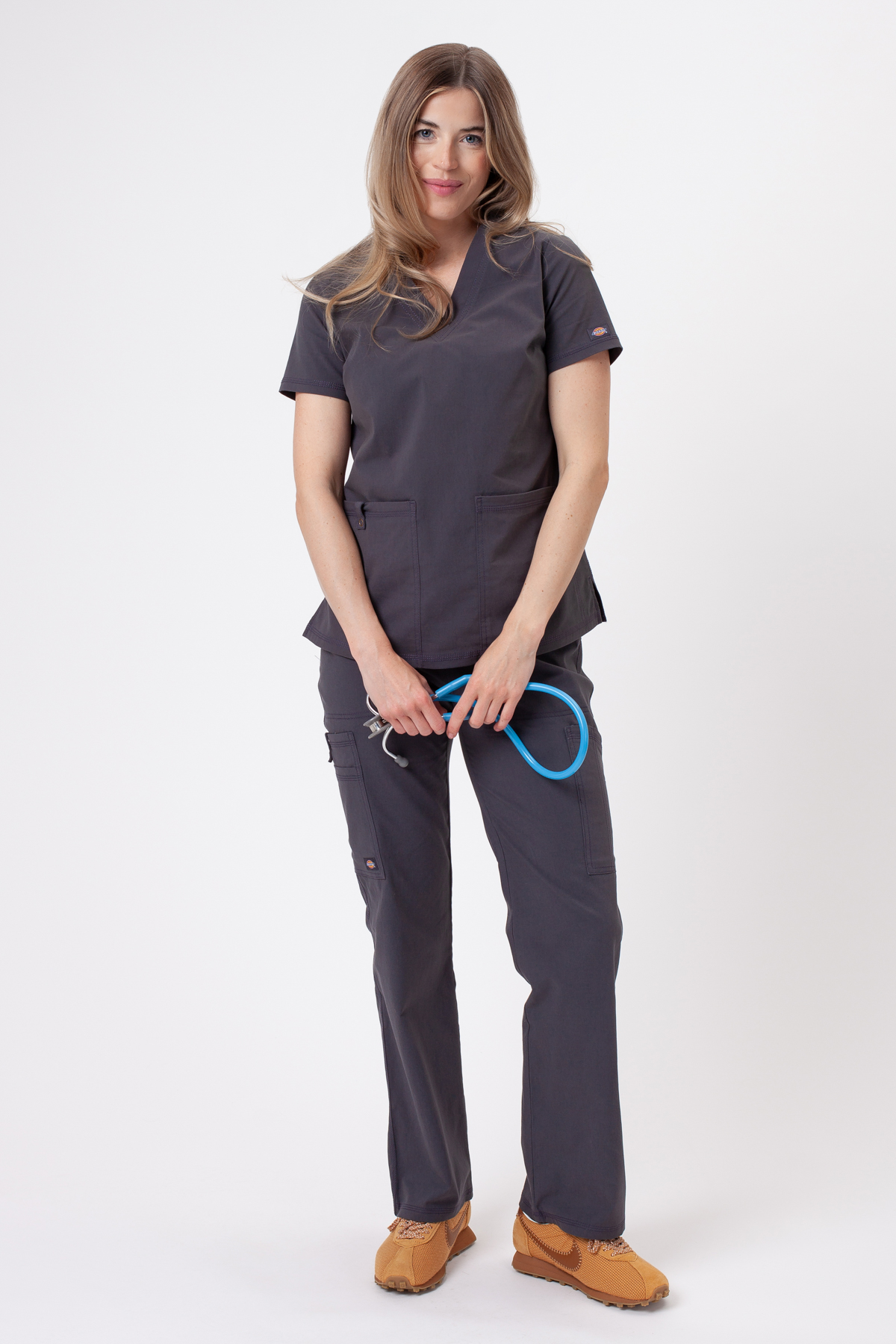 Women's Dickies Forge V-neck scrubs set pewter-1