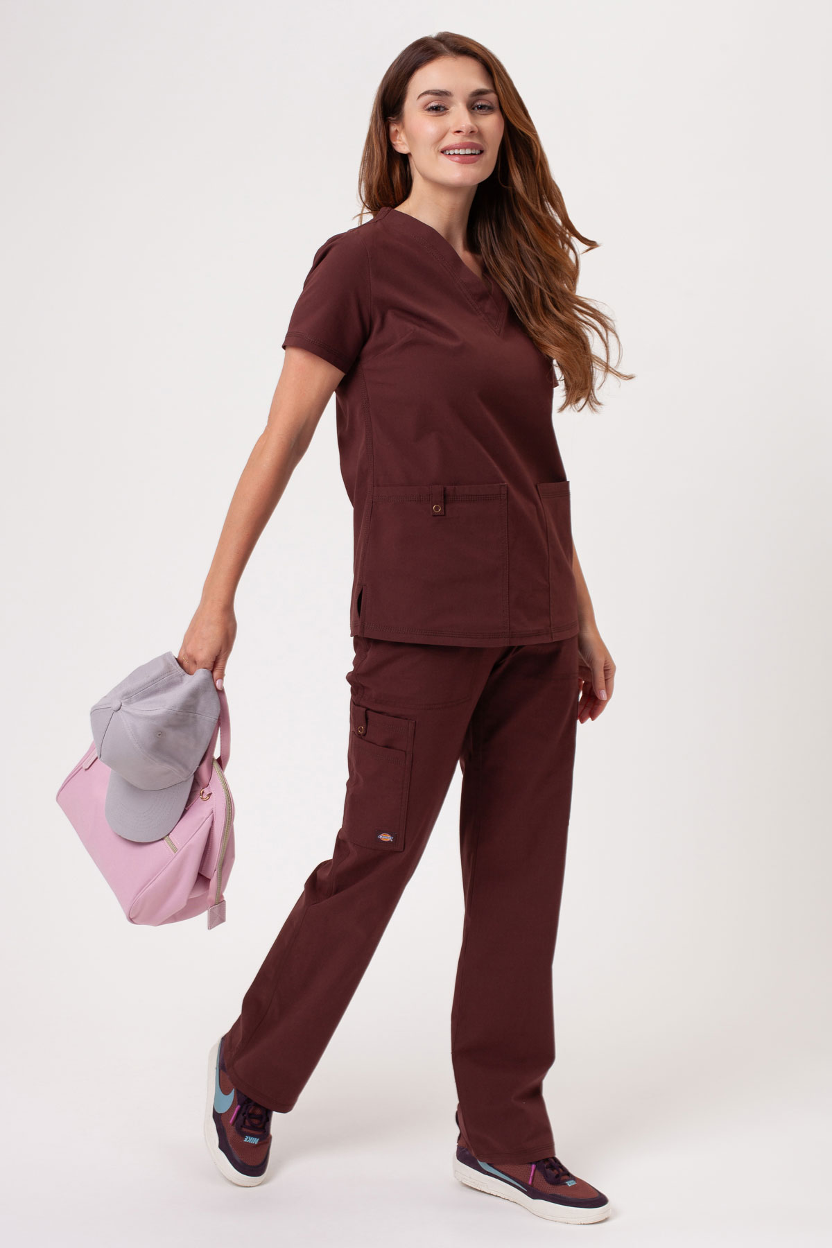 Women’s Dickies Forge V-neck scrub top brown-1