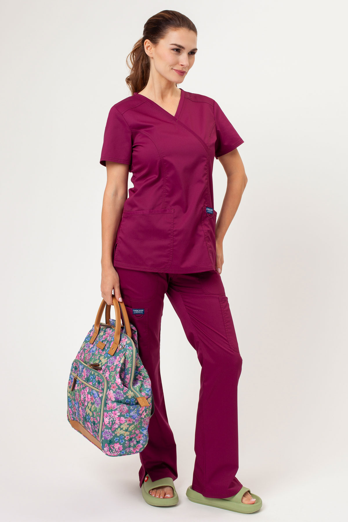 Women's Cherokee Revolution Flare Leg scrub trousers wine-6