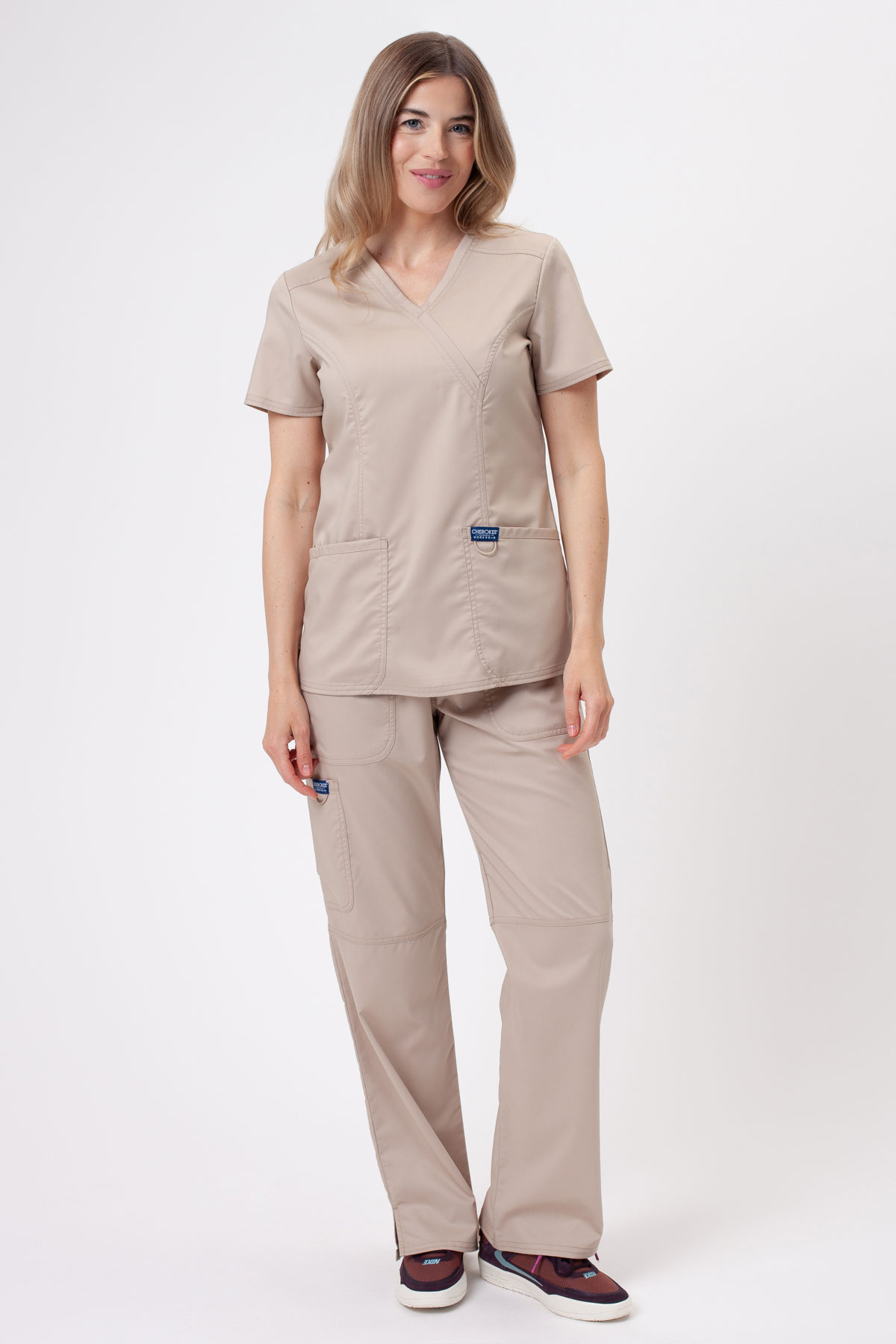 Women’s Cherokee Revolution Mock scrub top khaki-4