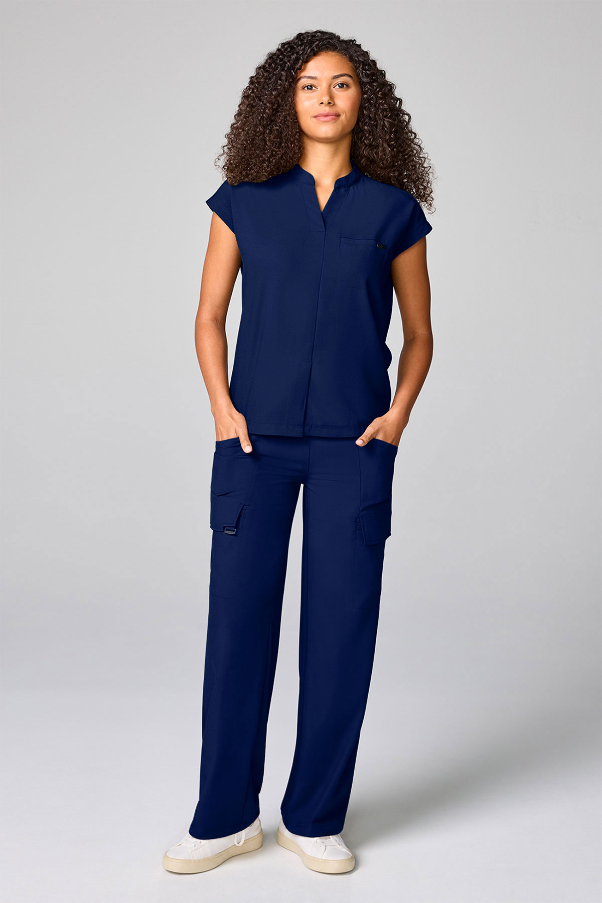 Women's Healing Hands Mandarin Collar scrub top navy-6