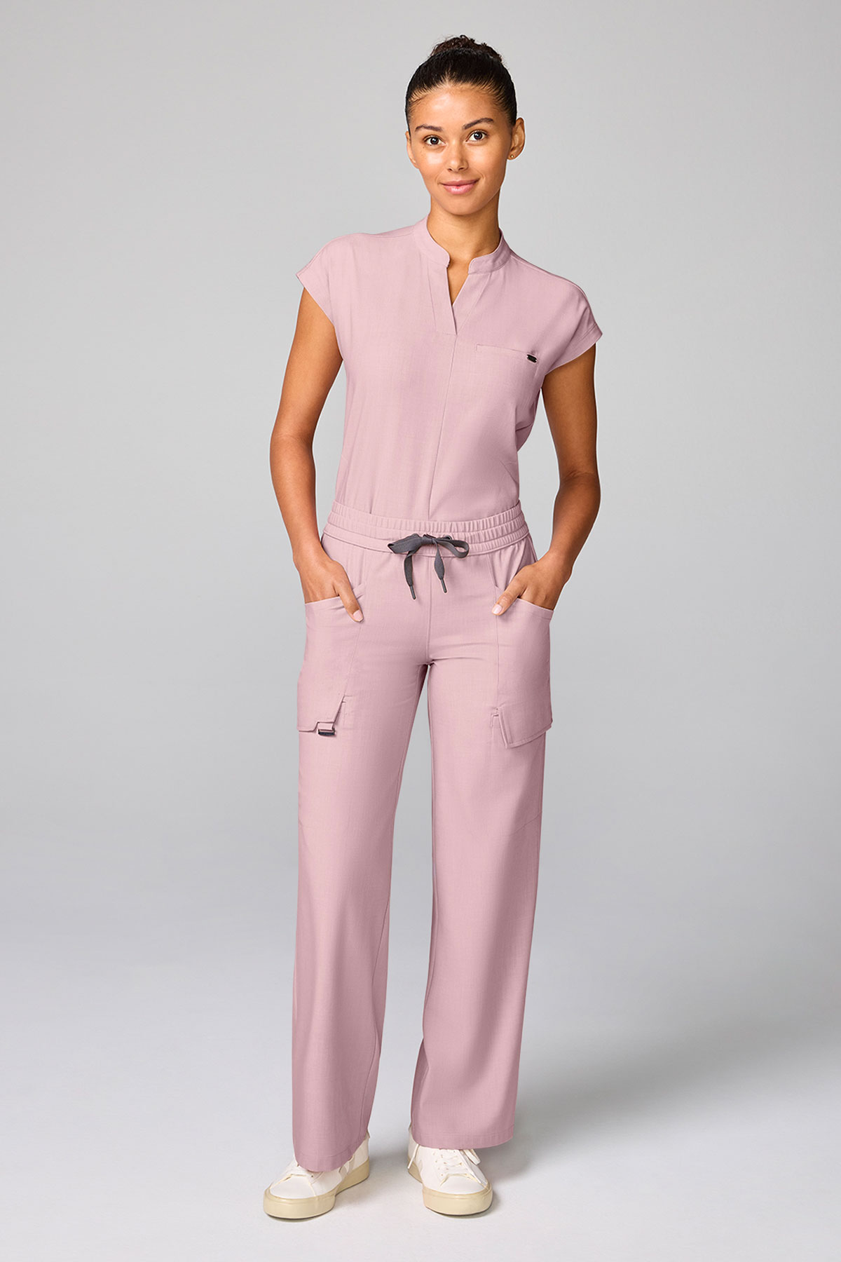 Women's Healing Hands Mandarin Collar scrub top pearly pink-6