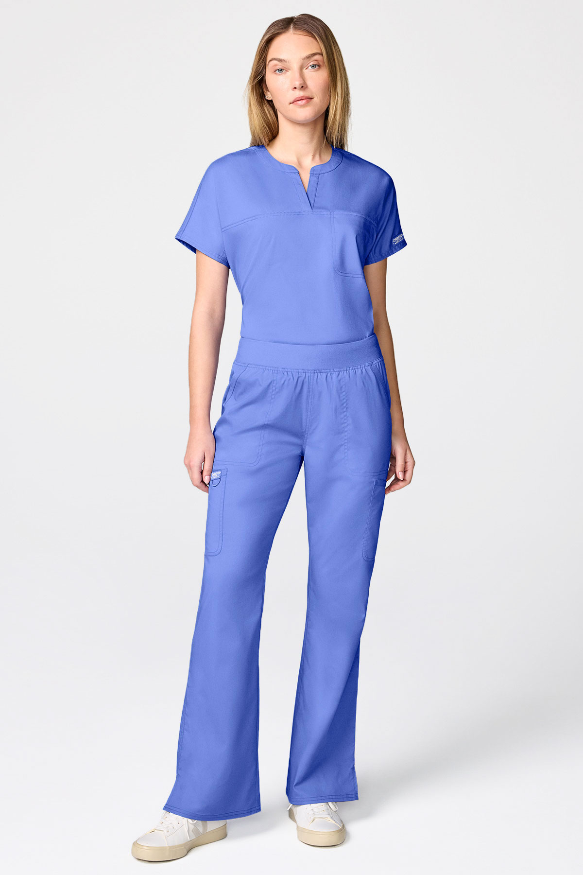 Women's Cherokee Revolution Mandarin Collar scrub top ceil blue-4