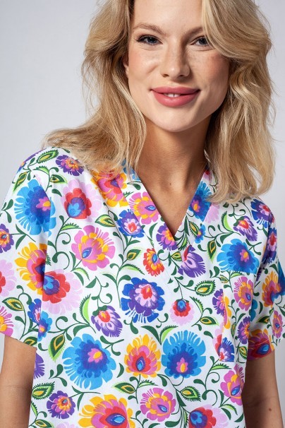 Women's colourful patterned Sunrise Uniforms scrubs top Lowicz motifs-2