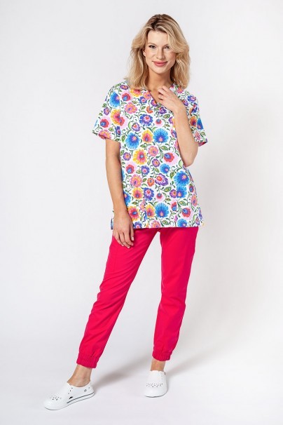 Women's colourful patterned Sunrise Uniforms scrubs top Lowicz motifs-5
