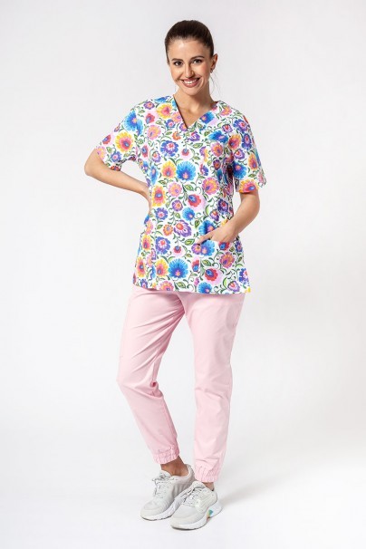 Women's colourful patterned Sunrise Uniforms scrubs top Lowicz motifs-6