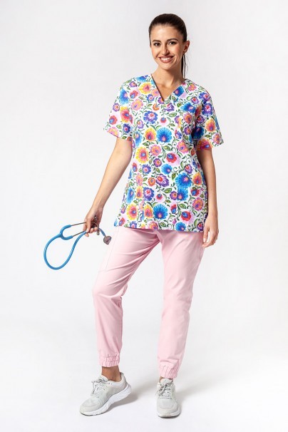 Women's colourful patterned Sunrise Uniforms scrubs top Lowicz motifs-2