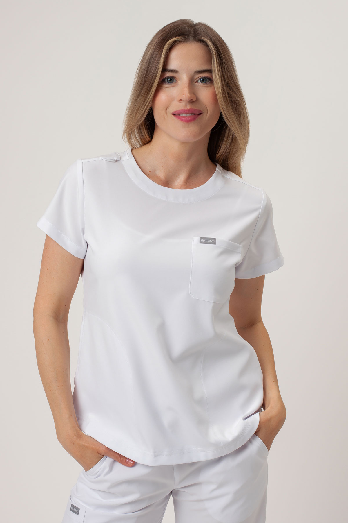 Women's Maevn Momentum Round Neck scrub top white