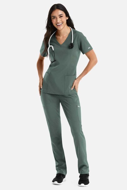 Women's Maevn Momentum scrubs set (Double V-neck top, 6-pocket trousers) moss green-1