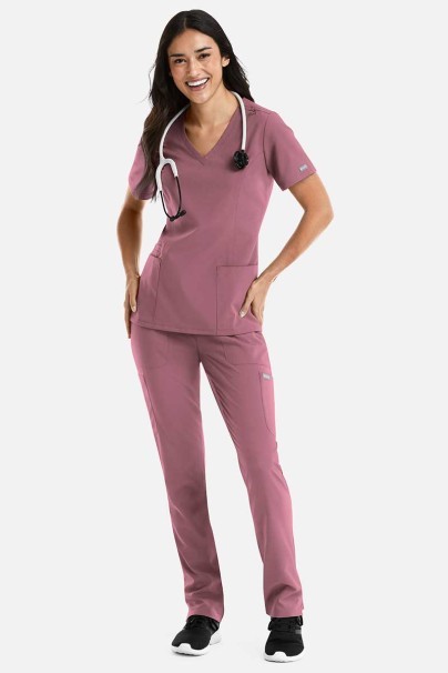 Women's Maevn Momentum scrubs set (Double V-neck top, 6-pocket trousers) rose pink-1