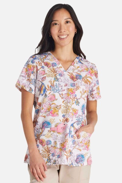Womens Cherokee Prints V-neck scrub top Fin-tastic Watercolor-1
