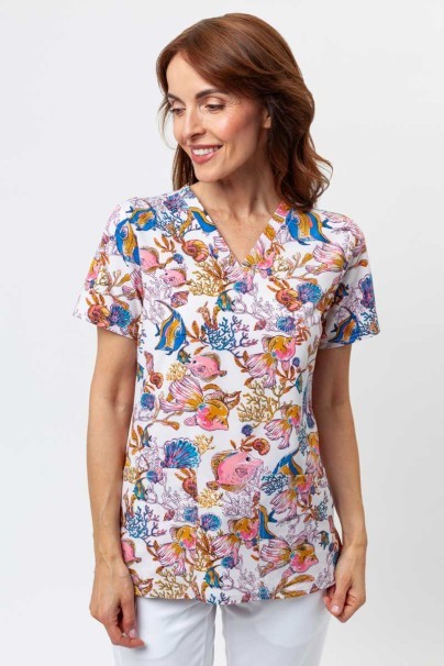 Womens Cherokee Prints V-neck scrub top Fin-tastic Watercolor-1