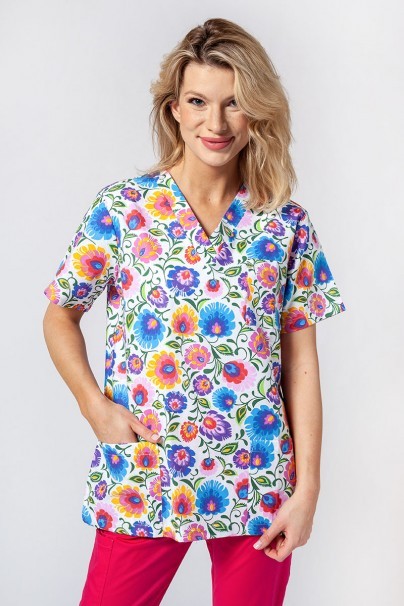 Women's colourful patterned Sunrise Uniforms scrubs top Lowicz motifs-1